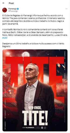 Clube do Flamengo Oficializa Contratação do Técnico Tite até 2024